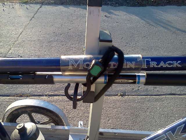 Detail showing how the top tube of a bicycle is secured to our plywood rack support